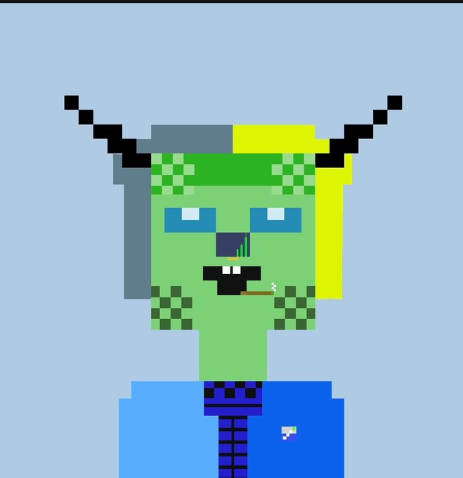 Pixel art portrait of a green-skinned zombie-like character with horns, checkered patches, a beard, and a blunt, set against a light blue background.