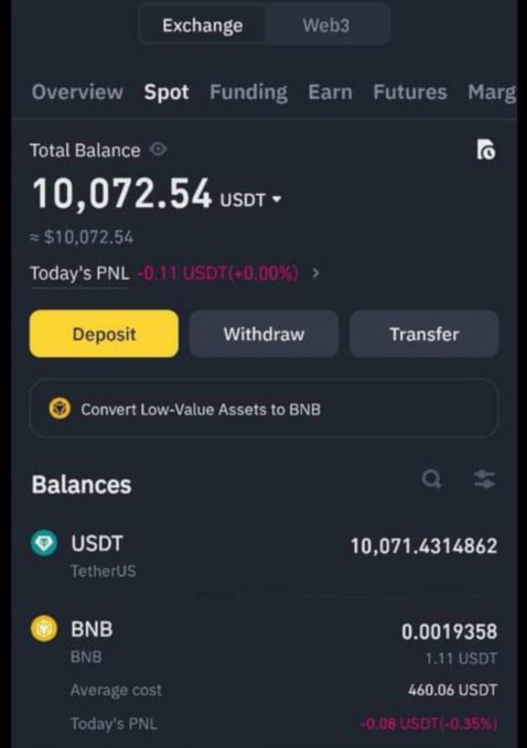 The image shows a cryptocurrency exchange account dashboard displaying a total balance of 10,072.54 USDT, with holdings of 10,071.43 USDT and a small amount of BNB (0.0019358), alongside a negative today's PNL of -0.11 USDT. The modest balance and negligible daily losses contrast ironically with the "Golden days" caption, perhaps suggesting that the promised golden era of crypto gains has yet to materialize for this account.