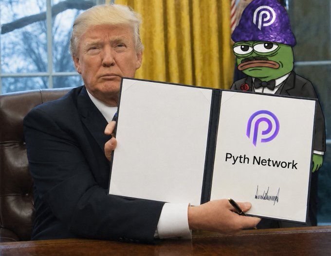 The image features a man sitting at a desk, holding an open document that says "Pyth Network" written in purple letters. The man appears to be wearing a suit and tie, suggesting he might be a businessman or a professional involved in the development of the Pyth Network.