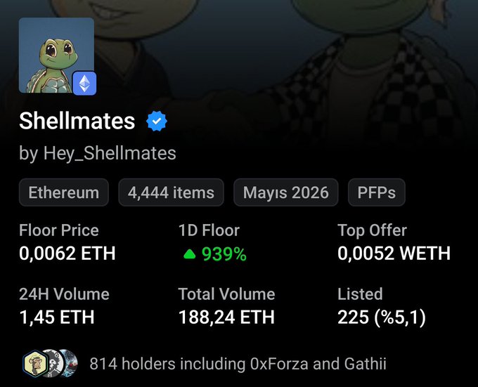 An NFT collection listing for 'Shellmates' by Hey_Shellmates on Ethereum, showing 4,444 items with a floor price of 0.0062 ETH, top offer of 0.0052 WETH, and 814 holders.