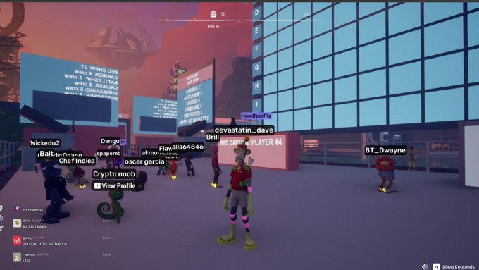 A screenshot of a virtual video game lobby, likely Fortnite, showing various players with usernames like 'Wickedu2', 'Crypto noob', and 'devastatin_dave', with scoreboards visible in the background.
