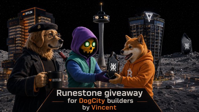 A promotional image for a 'Runestone giveaway for DogCity builders by Vincent' featuring three characters (a dog in a beret, a hooded figure, and a Shiba Inu) with a Bitcoin logo in the background.