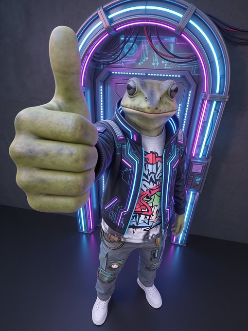 A 3D-rendered anthropomorphic frog character giving a thumbs-up, wearing a cyberpunk-style jacket with neon accents, a graphic t-shirt, and gray cargo pants, standing in front of a glowing neon portal.
