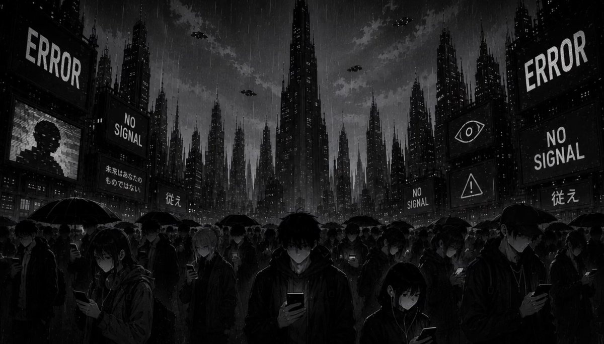 The image features a group of people standing together, with some holding umbrellas over their heads. The scene takes place in front of a row of buildings, which appear to be skyscrapers or tall structures. There are several signs posted on these buildings that say "Errors" and "No Signal". A person is also seen using a cell phone in the image.