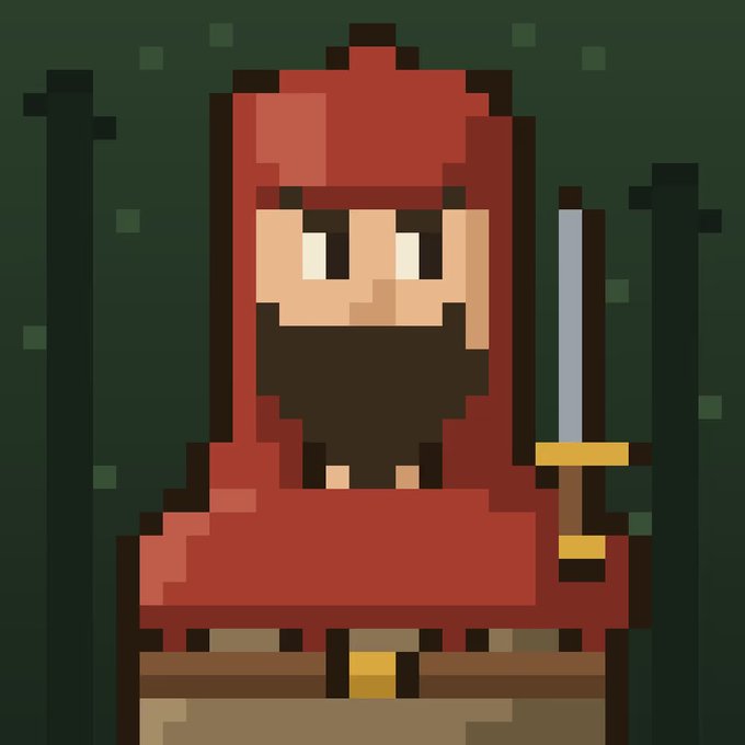 Pixel art of a hooded red-cloaked ninja warrior holding a sword, set against a dark green background.