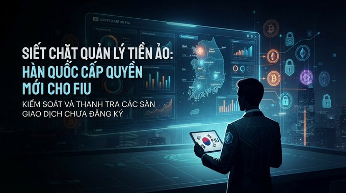 A futuristic Vietnamese-language digital artwork about cryptocurrency, with text 'SIẾT CHẶT QUẢN LÝ TIỀN ẢO: HÀN QUỐC CẤP QUYỀN MỚI CHO FIU' regarding South Korea granting new powers to FIU for virtual currency oversight, featuring a person with a tablet displaying digital dashboards.