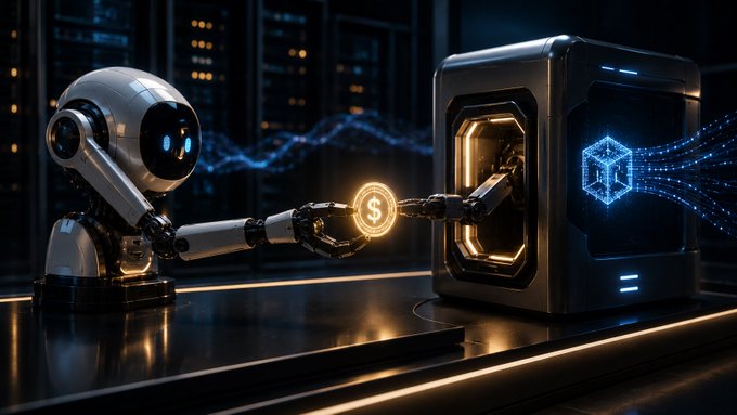 A futuristic white robot holds a glowing dollar coin symbol next to a black tech device displaying a blue digital cube hologram in a cyberpunk city setting.