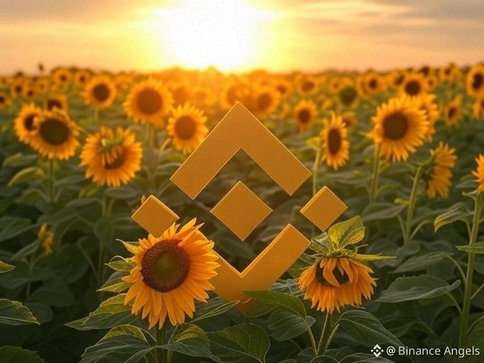 A sunlit sunflower field at sunset is overlaid with the glowing Binance logo, while the watermark reads "© Binance Angels"—the warm, golden blooms and golden-hour glow visually echo the relaxed, sunny mood of a "Weekend vibes!" post.