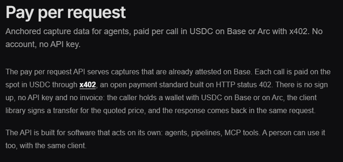 A webpage titled 'Pay per request' describing an API that serves captures paid in USDC on Base or Arc with x402, noting no account or API key is required.