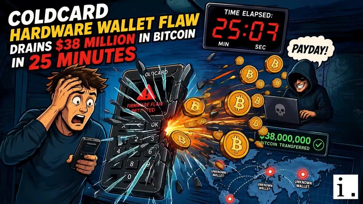 A dramatic illustration shows a shocked user holding a cracked Coldcard hardware wallet displaying a "Firmware Flaw Detected" warning, while a hooded hacker on a laptop celebrates "PAYDAY!" as $38,000,000 in Bitcoin flies across a world map to unknown wallets, with a timer reading 25:07 minutes—visually reinforcing the news about a Coinkite Coldcard firmware vulnerability that allowed hackers to drain approximately $38 million in Bitcoin from 500 users within minutes without physical access.