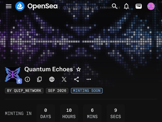 An OpenSea page for a digital asset called 'Quantum Echoes' by QUIP_NETWORK, with a 'MINTING SOON' countdown showing 0 days, 10 hours, 6 mins, 9 secs.