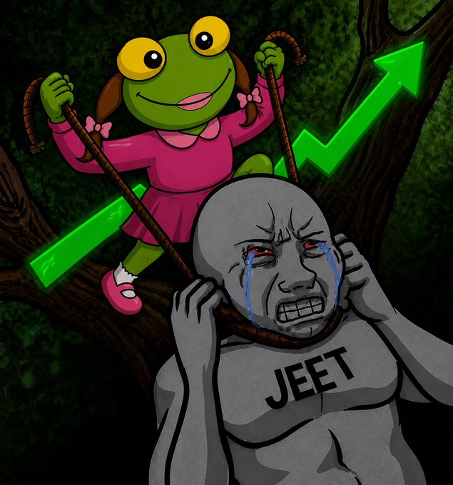 A digital illustration showing a cartoon green frog in a pink dress sitting on a tree branch, with a crying gray humanoid figure labeled 'JEET' below, and a bright green upward arrow in the background.
