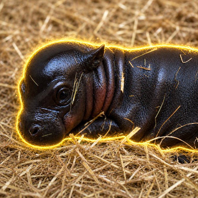 A small black baby pygmy hippo lies on golden straw, its entire body outlined with a glowing yellow light effect.