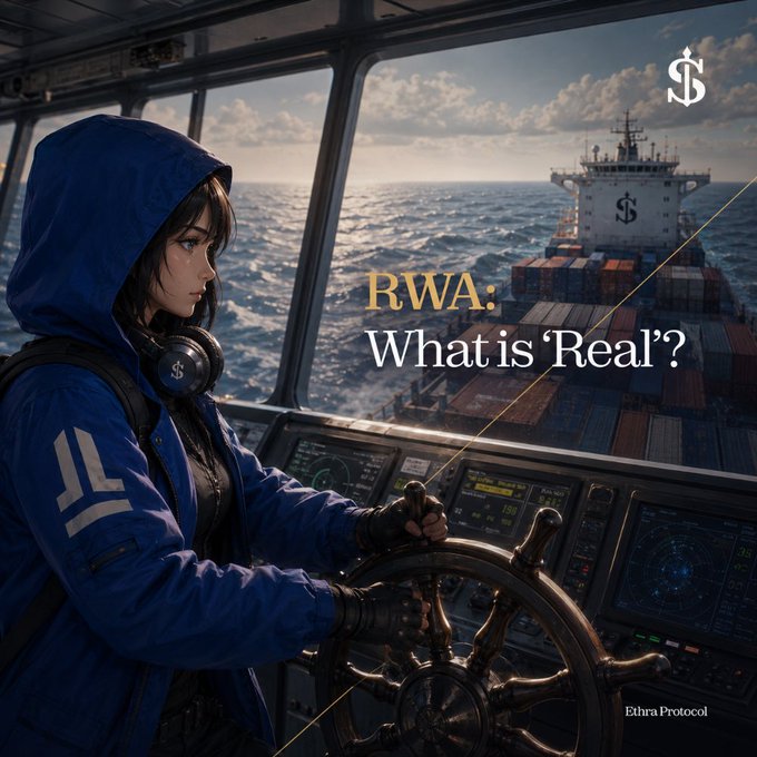 Anime-style promotional graphic for Ethra Protocol featuring a hooded figure at a ship's helm, titled 'RWA: What is 'Real'?' with dollar sign branding.
