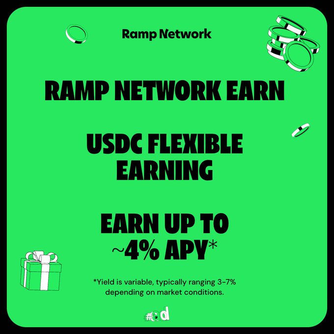 A bright green promotional graphic for Ramp Network advertising USDC Flexible Earning with up to ~4% APY, noting that yield is variable typically ranging 3-7% depending on market conditions.