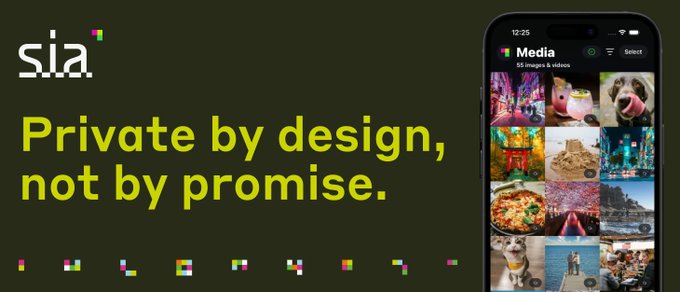 The image features an advertisement for Sia's new app called "Private by Design". The main focus of the ad is a cell phone with a photo of a dog on its screen. Below the phone, there are two lines of text that read "Private by design" and "not by promise." These lines emphasize the privacy aspect of the app and discourage users from making promises about the app's privacy settings. The image also includes a small picture of a cat to add visual interest and draw attention to the app.