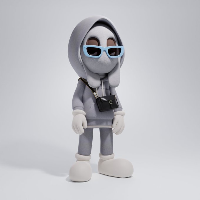 A 3D-rendered character wearing a gray hooded outfit and light blue sunglasses poses with a black crossbody bag.