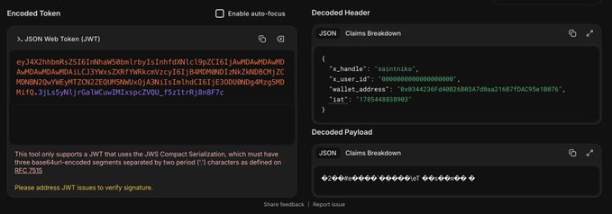 A JSON Web Token (JWT) decoder interface displaying encoded and decoded fields, where the decoded header reveals a token issued by user "saintniko" (user_id: 0000000000000000099), supporting the post's claim that the @saintniko wallet address "0xaa3e..." launched with the $POOLS token contract.
