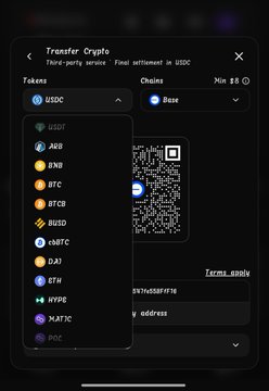 The image shows a "Transfer Crypto" interface with a dropdown menu selecting USDC as the token for Base chain, while displaying a list of supported cryptocurrencies including ARB, BNB, BTC, BTCB, BUSD, ETH, HYPE, and MATIC. This aligns with the post highlighting that Probly has expanded its crypto deposit options beyond just stablecoins to include various cryptocurrencies like BTC, ETH, ARB, and others.