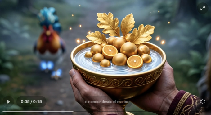 A video clip featuring a fantasy bowl of golden oranges with leaves held by hands, with a subtitle reading 'Extender desde el marco'.