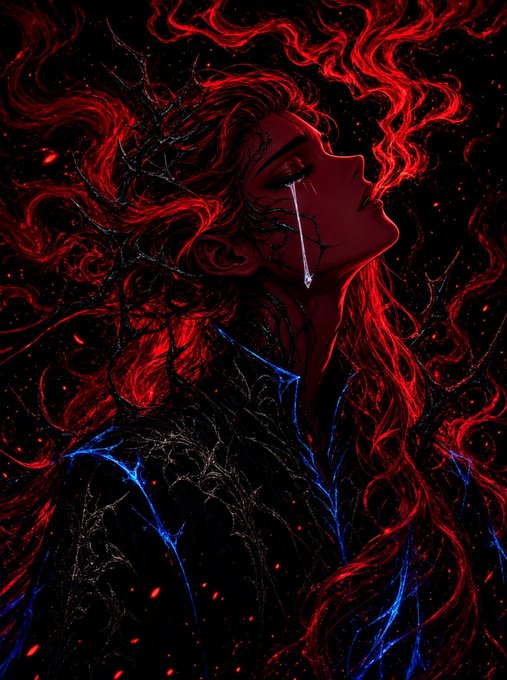 A dark fantasy digital artwork of a woman with flowing red hair crying a crystalline tear, with thorny vines and glowing blue accents against a black background with red particles.