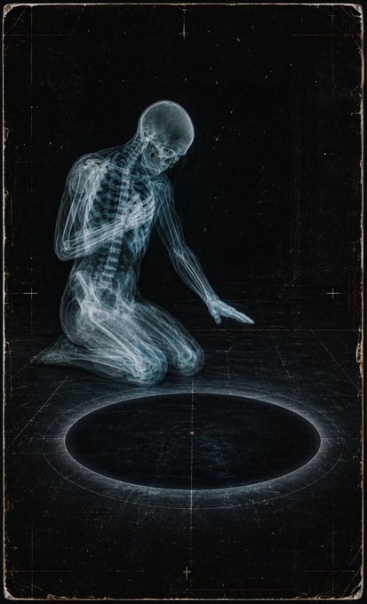 A dark, moody illustration shows a translucent, X-ray-like humanoid figure kneeling beside a glowing oval portal or pool on a gridded floor.