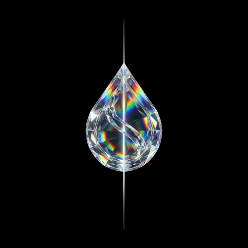 A prismatic, iridescent teardrop or crystal pendant suspended against a black background, displaying rainbow refractions through its facets.
