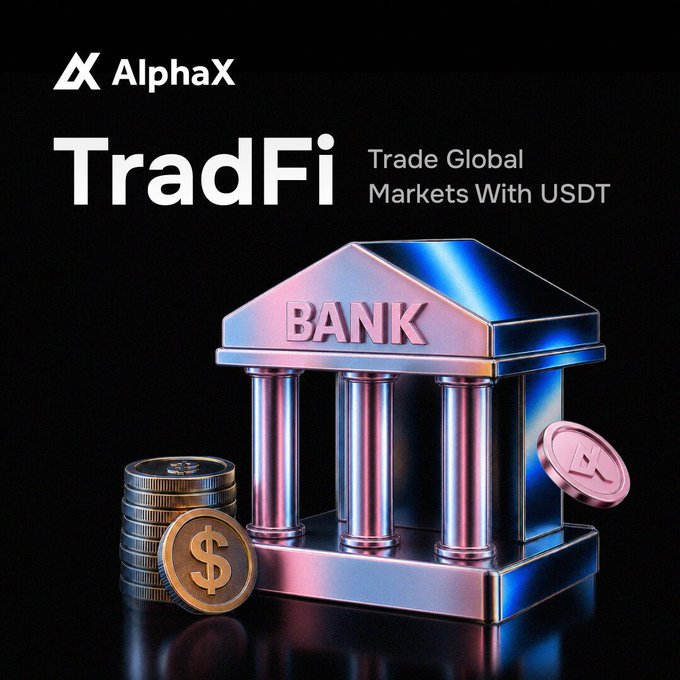 A promotional graphic for AlphaX displays "TradFi" with the tagline "Trade Global Markets With USDT" above a metallic 3D bank building alongside stacks of gold and silver coins.