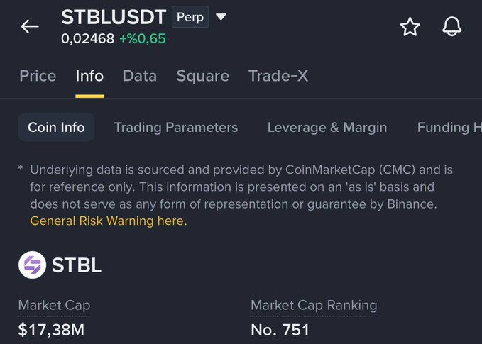 A Binance cryptocurrency information page for STBLUSDT perpetual contract showing STBL token info with a market cap of $17.38M and ranking of No. 751.