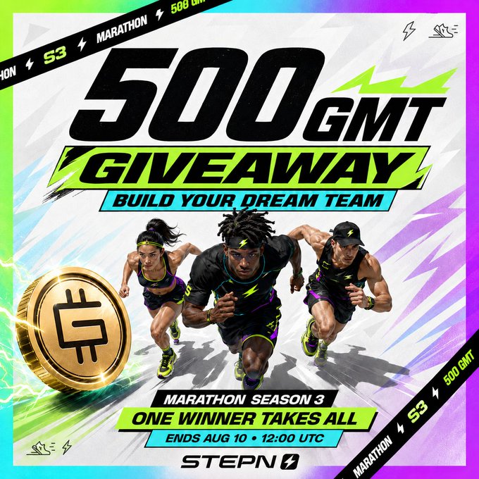 A promotional graphic for Stepn's '500 GMT GIVEAWAY' Marathon Season 3, featuring three athletic runners and a gold coin with the GMT logo, ending Aug 10 at 12:00 UTC.