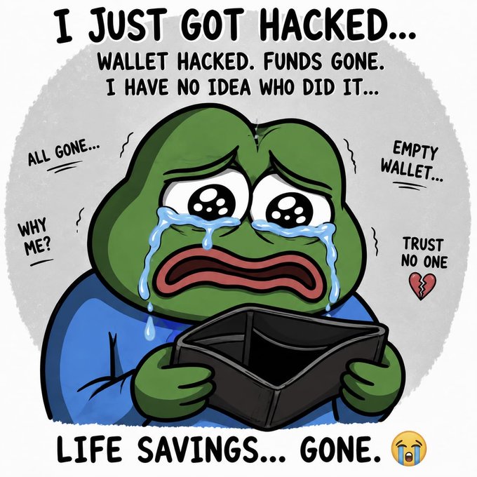 A cartoon Pepe the Frog crying while holding an empty wallet, with text reading 'I JUST GOT HACKED... WALLET HACKED. FUNDS GONE. I HAVE NO IDEA WHO DID IT...' and surrounding phrases like 'ALL GONE...', 'WHY ME?', 'EMPTY WALLET...', 'TRUST NO ONE', and 'LIFE SAVINGS... GONE.'