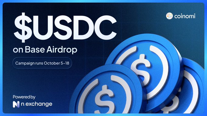 A blue promotional banner reads '$USDC on Base Airdrop' noting the campaign runs October 5-18, powered by n.exchange with the Coinomi logo.