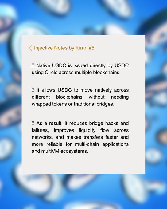 The image shows a blue background with white text that reads "Native USDC is issued directly by USDC using Circle across multiple blockchains." The text also mentions that native USDC can be used as a means of payment, transfer, or investment in a variety of blockchain applications and ecosystems.