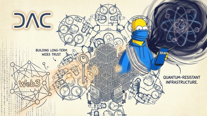 The image features a cartoon depiction of Homer Simpson holding a book, surrounded by various technological elements such as buildings, clocks, and other objects. The text above the image reads "dac Web3 security isn't just about today, it's about surviving the future. As quantum computing advances, blockchain infrastructure must evolve too." This suggests that the image is related to the concept of web3 security and its importance in the context of technological advancements like quantum computing.