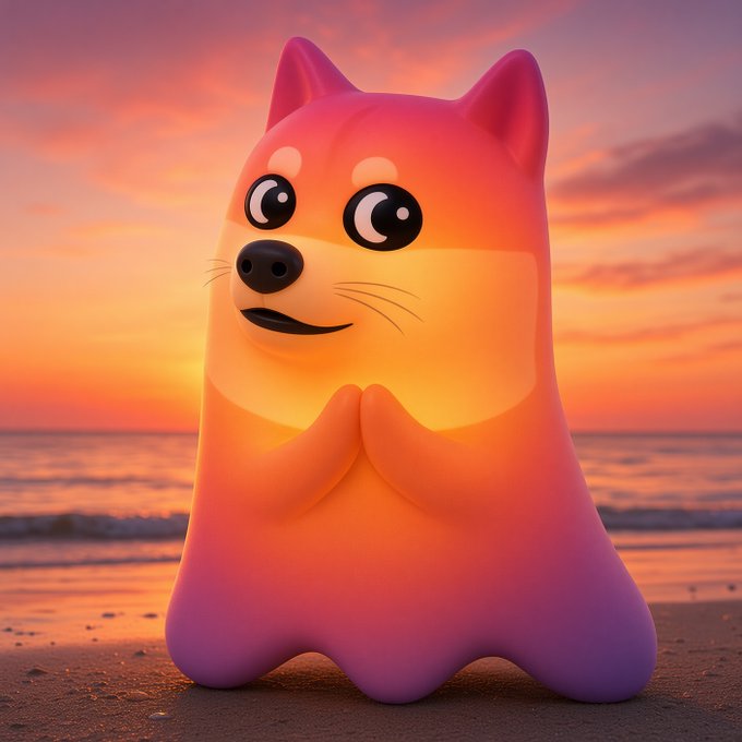 A glossy, 3D-rendered cartoon cat-like creature in orange and pink sits with its hands clasped on a sandy beach at sunset.