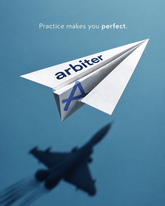 An identical motivational graphic to image 6, showing a paper airplane labeled 'arbiter' flying above a fighter jet shadow with 'Practice makes you perfect.'