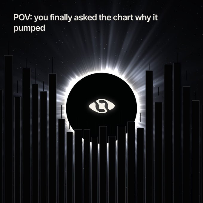 A dark meme image with bars resembling a solar eclipse, captioned 'POV: you finally asked the chart why it pumped', featuring a Meta logo in the center.