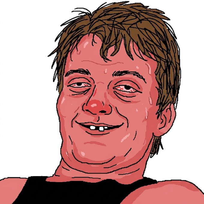 A stylized cartoon illustration of a man with messy brown hair, a red nose, sweat drops on his face, and a wide, awkward smile, wearing a black tank top.