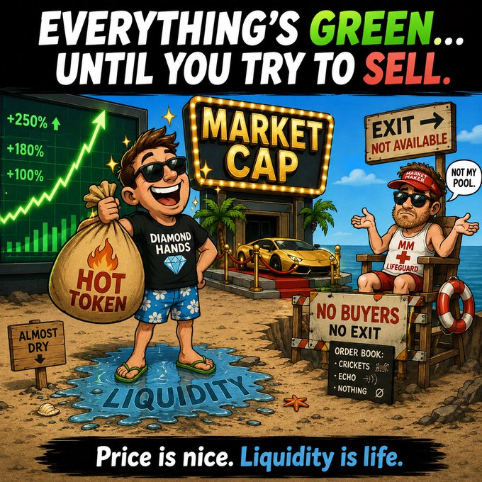 A cartoon graphic reads 'EVERYTHING'S GREEN... UNTIL YOU TRY TO SELL' and 'Price is nice. Liquidity is life.' featuring a man with a 'HOT TOKEN' bag on a 'LIQUIDITY' puddle and a lifeguard labeled 'MM LIFEGUARD' marking 'NO BUYERS NO EXIT'.