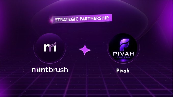 An announcement graphic for a 'STRATEGIC PARTNERSHIP' between mintbrush and Pivah Protocol, displayed on a purple futuristic background with both companies' logos.