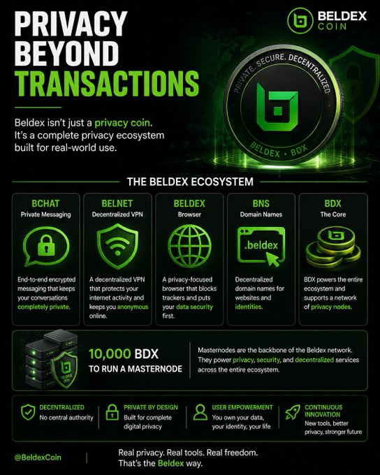 An infographic for 'BELDEX COIN' titled 'PRIVACY BEYOND TRANSACTIONS,' detailing its ecosystem including BCHAT, BELNET, BELDEX Browser, BNS, and BDX, along with masternode information.