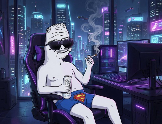 An animated illustration of a character in a gaming room setting, wearing sunglasses and Superman-themed underwear, holding a Monster energy drink and a cigarette, with a smokestack rising from the cigarette and a neon-lit cyberpunk cityscape visible through the window.