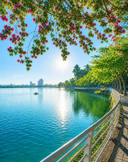 A scenic landscape photograph featuring a turquoise lake with a small boat, a walking path with white railings, and pink flowering tree branches framing the top of the image.