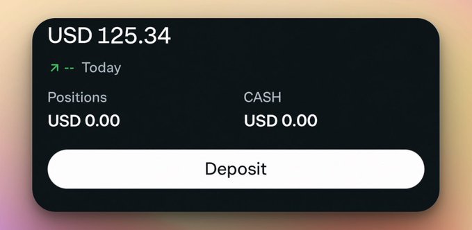 A dark-themed financial app widget displays a USD balance of 125.34, with "USD 0.00" shown for both Positions and CASH, alongside a "Deposit" button. The accompanying post appears to promote a crypto trading rewards program via world.xyz, suggesting users can earn $20-$500 by following steps like registering, trading, and connecting their X (Twitter) account—aligning with the widget's depiction of a trading platform's earnings display.