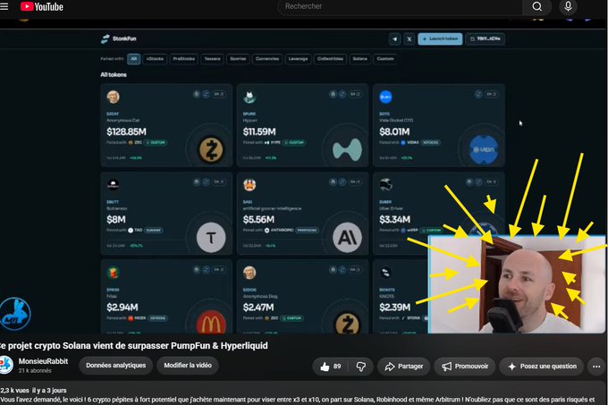 A YouTube video screenshot shows a StoneFun crypto token dashboard displaying various tokens and their market caps, with a YouTuber highlighted by yellow arrows in the bottom right corner; visible French text reads 'Le projet crypto Solana vient de surpasser PumpFun & Hyperliquid'.