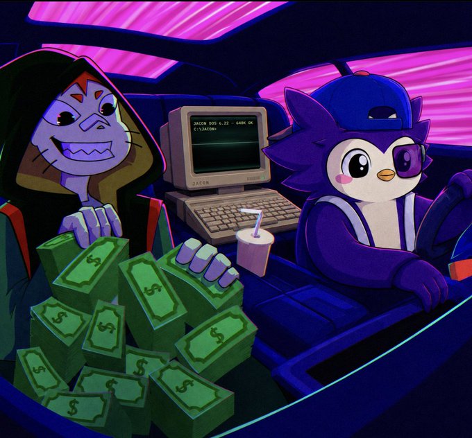 An animated illustration shows a grinning, hoodie-wearing character clutching stacks of cash next to a purple penguin-like mascot wearing a backwards cap and sunglasses in a neon-lit car, with a vintage "JACOR DOS 6.22 - 640K OK" computer monitor in the background. The image visually captures the hype and money-driven excitement of the NFT mints promoted in the post, with the cash and over-the-top deals reflecting the speculative energy around the listed drops.