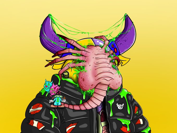A mutant figure with a pink face-hugger alien emerging from its face stands against a yellow background, with small cartoon characters and green slime dripping from its leather jacket, accompanying a post about "Mutant BullBears" NFT #241.