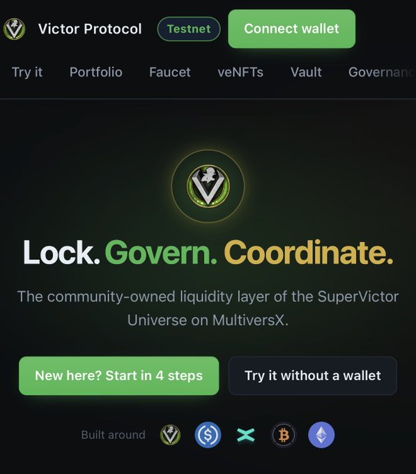 Screenshot of the 'Victor Protocol' website on Testnet, featuring the tagline 'Lock. Govern. Coordinate.' and descriptions related to SuperVictor Universe on MultiversX.