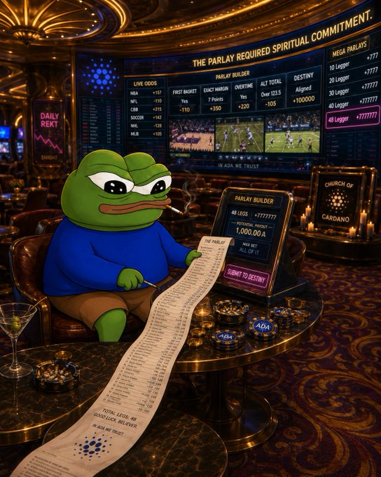 A Pepe the Frog meme image depicting the character in a casino setting smoking a cigarette while reviewing a long parlay betting slip titled 'THE PARLAY REQUIRED SPIRITUAL COMMITMENT' involving NFL, NBA, soccer, and MLB games, with ADA poker chips on the table.