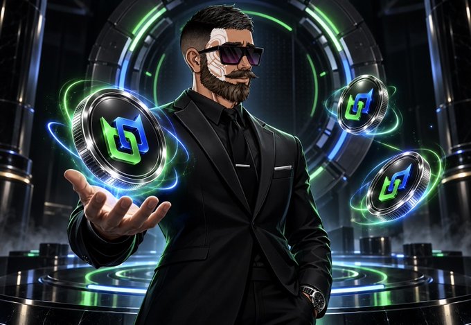A digital illustration depicts a bearded man in a black suit and sunglasses levitating glowing coins with a stylized green logo in a futuristic setting.